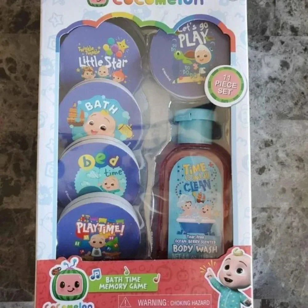 Cocomelon Memory Game, Crayola Bath Pens Set, and Purple Bath Paint